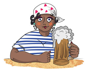 Cartoon image of hard working woman with beer. An artistic freehand picture.