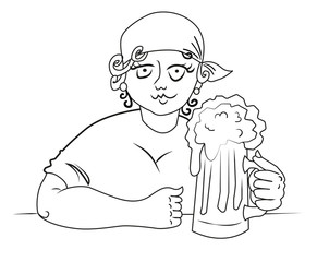 Cartoon image of hard working woman with beer. An artistic freehand picture.