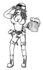 Cartoon image of hard working woman with beer. An artistic freehand picture.