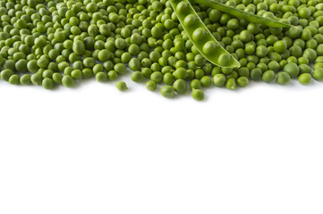 Fresh green pea in the pod on white background. Green pea at border of image with copy space for text