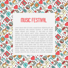 Music festival concept with thin line icons DJ in headphones, vinyl player, disco ball, microphone, tickets. Vector illustration for banner, web page, flyer.