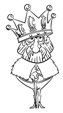 Cartoon image of king with huge crown. An artistic freehand picture.