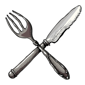 Cartoon image of knife and fork. An artistic freehand picture.