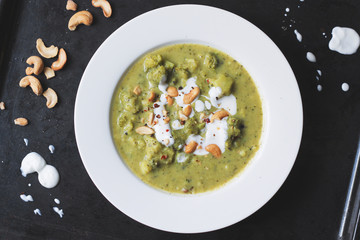 healthy creamy broccoli soup with nuts