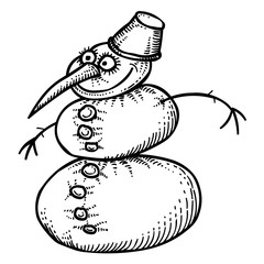 Cartoon image of snowman. An artistic freehand picture.