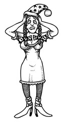 Cartoon image of stressed woman wearing santa hat. An artistic freehand picture.