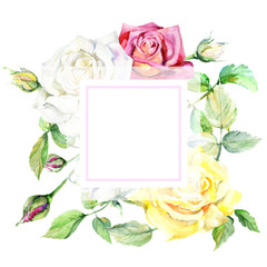 Wildflower rose flower frame in a watercolor style. Full name of the plant: rose. Aquarelle wild flower for background, texture, wrapper pattern, frame or border.