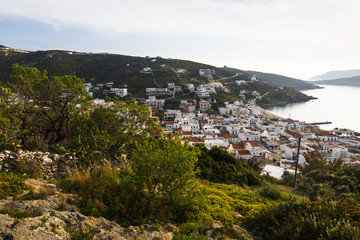 Main village of Fourni island in Greece as seen from the hill above. 
