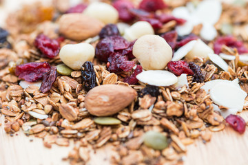 Closed up and blur breakfast healthy food, granola, musli, Organic oat, super food with honey, dried fruits and nuts