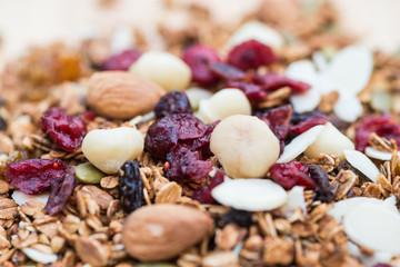 Closed up and blur breakfast healthy food, granola, musli, Organic oat, super food with honey, dried fruits and nuts