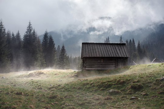 Fototapeta Wooden hut in the fog
