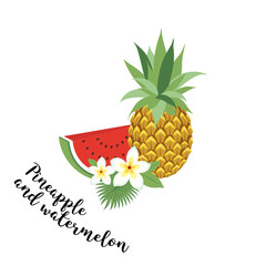 pineapple and watermelon - , illustration. Fruit set. Icons tropical fruits with leaves and flowers. Set of trendy illustrations isolated on white.