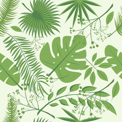 Exotic leaves, rainforest. Seamless realistic tropic leaf pattern. Palm leaf, banana leaf, hibiscus, plumeria flowers. Jungle trees.Botanical floral illustration. Set of trendy illustrations.