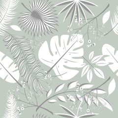 Exotic leaves, rainforest. Seamless realistic tropic leaf pattern. Palm leaf, banana leaf, hibiscus, plumeria flowers. Jungle trees.Botanical floral illustration. Set of trendy illustrations.