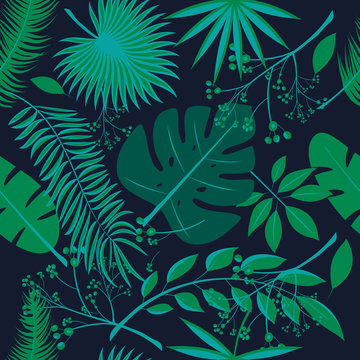 Exotic leaves, rainforest. Seamless realistic tropic leaf pattern. Palm leaf, banana leaf, hibiscus, plumeria flowers. Jungle trees.Botanical floral illustration. Set of trendy illustrations.