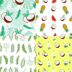 Set of seamless summer patterns. Backgrounds with leaves of a palm tree, fruits, flowers and coconuts. illustration. Easy to use for backdrop, textile, wrapping paper, wall posters.