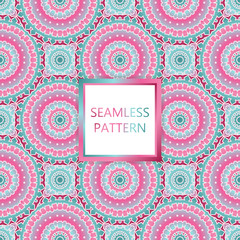 Seamless pattern design. Mandala round elements. Ethnic colorful background. For textile, print, carpet, wallpaper, package.