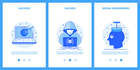 Internet security icons - hacking, hacker, social engineering. Outline blue banners, screens for mobile apps and web sites. Vector illustration.