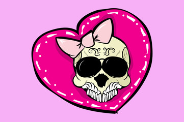 vector illustration skull girl with bow on a pink background with heart . great for printing on clothing. isolated on a pink background.