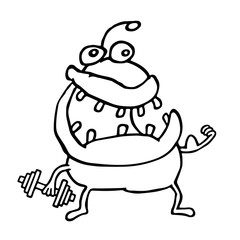 Funny alien monster keeps a dumbbell. Vector illustration.