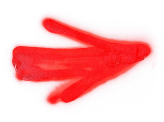  Red spray stain arrow pointing right isolated on white background, clipping path