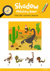 Shadow matching game by finding the correct picture of Scorpion animals for preschool kids activity worksheet colorful printable version layout in A4 vector illustration.