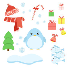 Vector set of penguin with xmas staff: lollipop, gifts, tree, iceberg, cap and scarf, fish and bells. Cartoon illustration