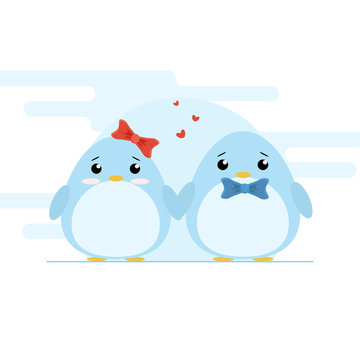 Cute couple of penguins on blue font. Cartoon vector illustration