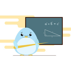 Vector illustration of penguin - teacher standing with board and teaching of geometry theorem. Cute flat design