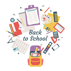 School Backpack with Stationery Isolated on White Background.