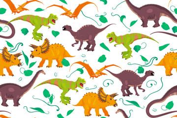 Seamless vector dinosaur pattern. Color vector paleontology dinosaur texture good for wrapping paper, wallpaper and pattern fill. Flat cartoon style
