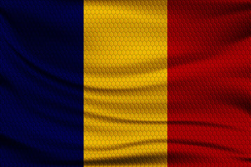 Obraz premium National flag of Romania on wavy fabric with a volumetric pattern of hexagons. Vector illustration.