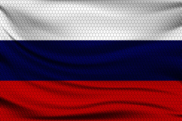 National flag of Russia on wavy fabric with a volumetric pattern of hexagons. Vector illustration.