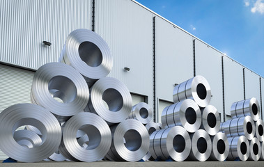 rolls of steel sheet in warehouse - obrazy, fototapety, plakaty
