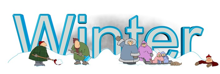 Illustration of the word Winter with people shoveling and playing in the snow.