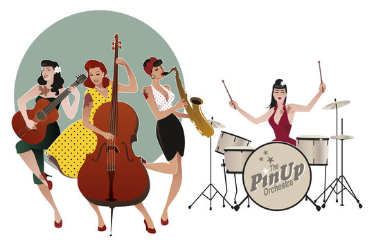 PinUp Girls Band. Four beautiful and tattooed pinup girls playing music. Vector Illustration