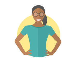 Confident black pretty girl in glasses. Flat design icon. Resolute woman with arms akimbo. Simply editable isolated vector illustration