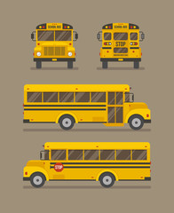 School bus flat illustration. Front, back and two side views.
