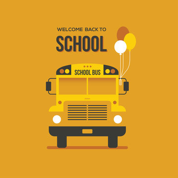 School bus front view with three balloons on bright orange background. Back to school creative banner or poster design.