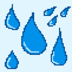 Isolated water drops of blue color for the design of computer and mobile games. Set of pixel icons