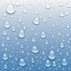 Vector realistic water drops on transparent background. Rain drops without shadows for transparent surface. Many forms and sizes.
