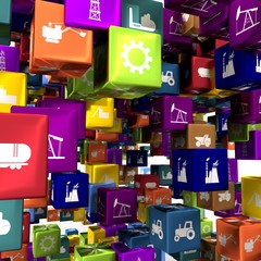 Energy, power and transport icons on floating cubes. Sustainable energy generation and heavy industry. 3D rendering