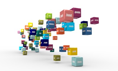 Obraz premium Domain names words on vibrant multicolored plastic reflective cubes. Relative to business and finance theme. Internet and web telecommunication concept. 3D rendering