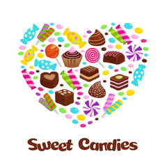 Caramel lollipop candies and chocolate sweets flat icons in heart shape