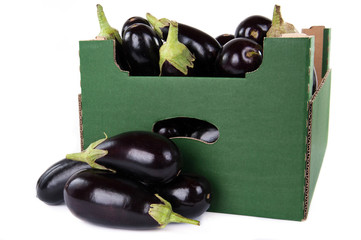 Box of fresh aubergines ready to sale isolated on white background