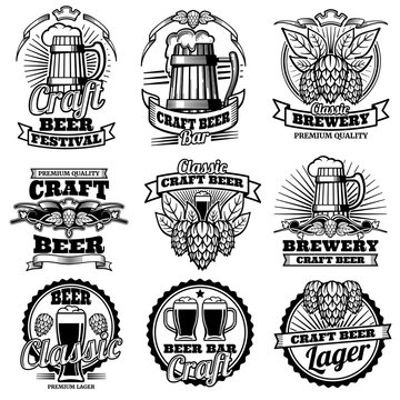Vintage beer drink bar vector labels. Retro brewery emblems and logos with hops and mug