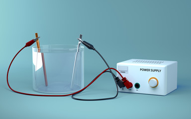 Electrolysis of water. Educational chemistry. Electrolysis of water into hydrogen and oxygen gas. 