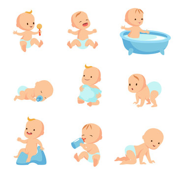 Happy smiling baby. Cute cartoon toddlers vector set