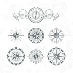 Orientation antique compas in vintage style. Vector monochrome illustrations set - obrazy, fototapety, plakaty