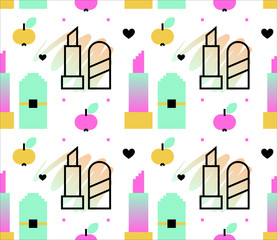 Woman symbols seamless pattern. Lipstick, apples.